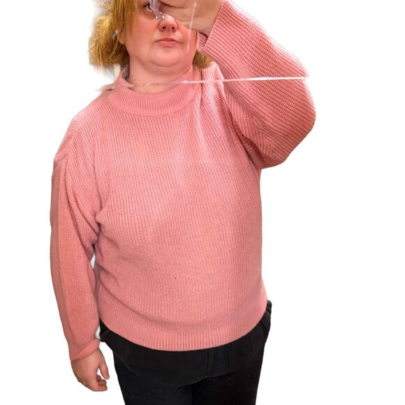 Society Coral Pink Chunky Knit Cropped Sweater Mock Neck Oversized Y2K L/XL - Picture 7 of 11